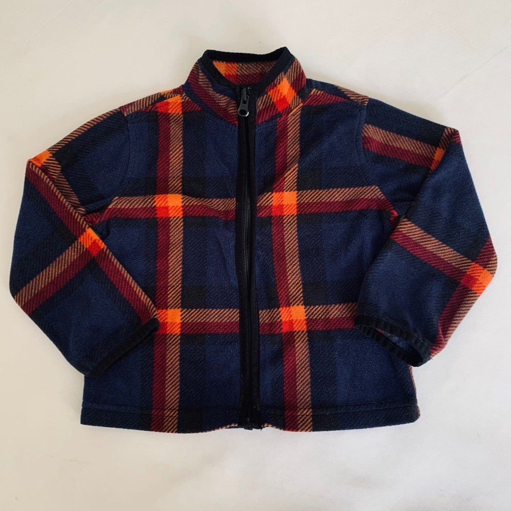 OshKosh B'gosh Fleece Jacket Kids 2T Navy Orange Plaid Full‎ Zip Gorpcore Cabin